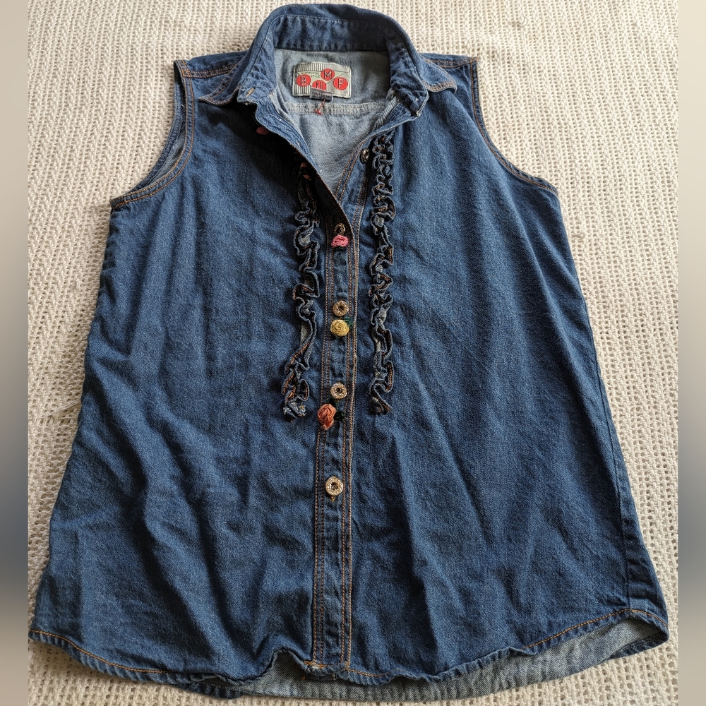 VTG BUMP Denim Jean Vest Womens Medium Ruffle Colorful Florets Button Up